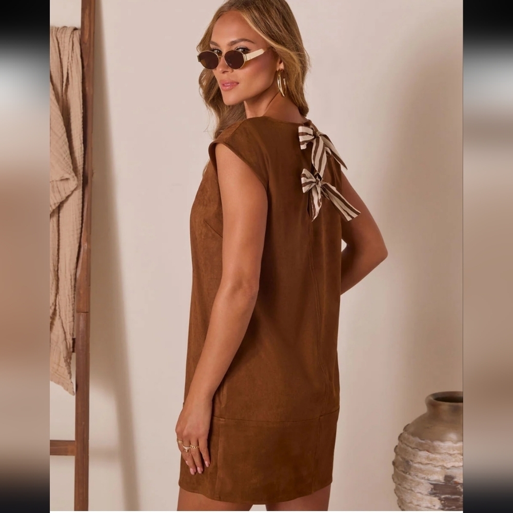 Vici Hollow Sun Shift Suede Mini Dress Chocolate Brown Size Small